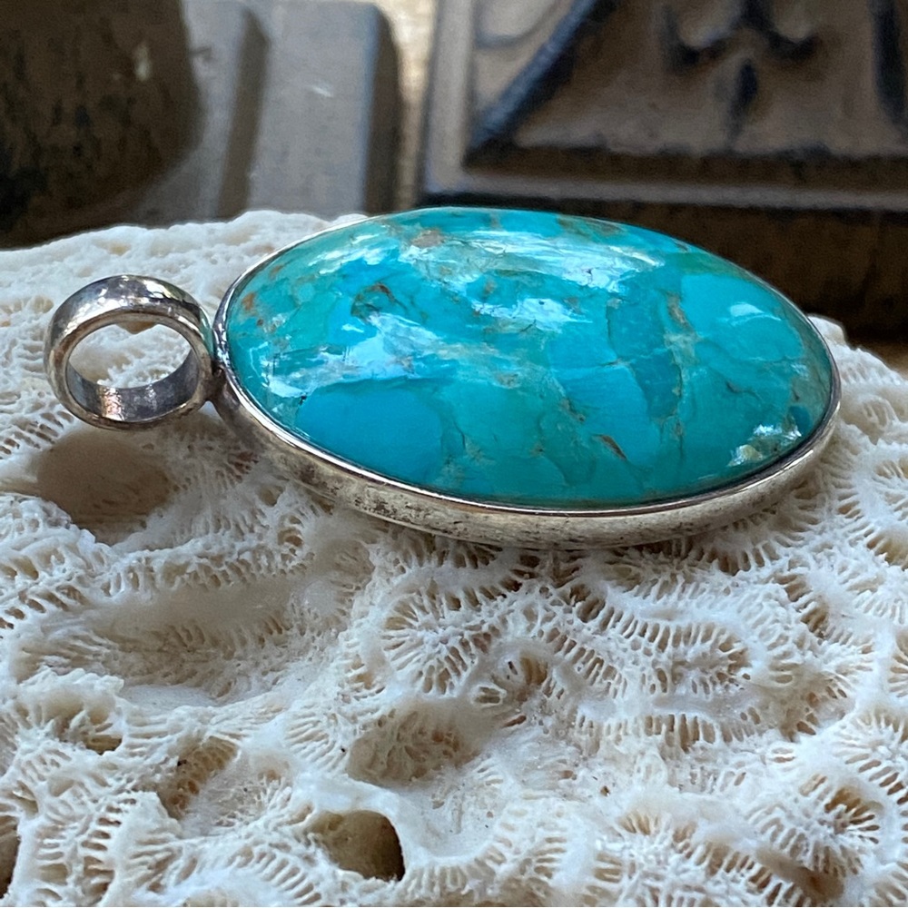 Large Barse Sterling Silver 925 Oval Turquoise Pendant - Picture 2 of 4